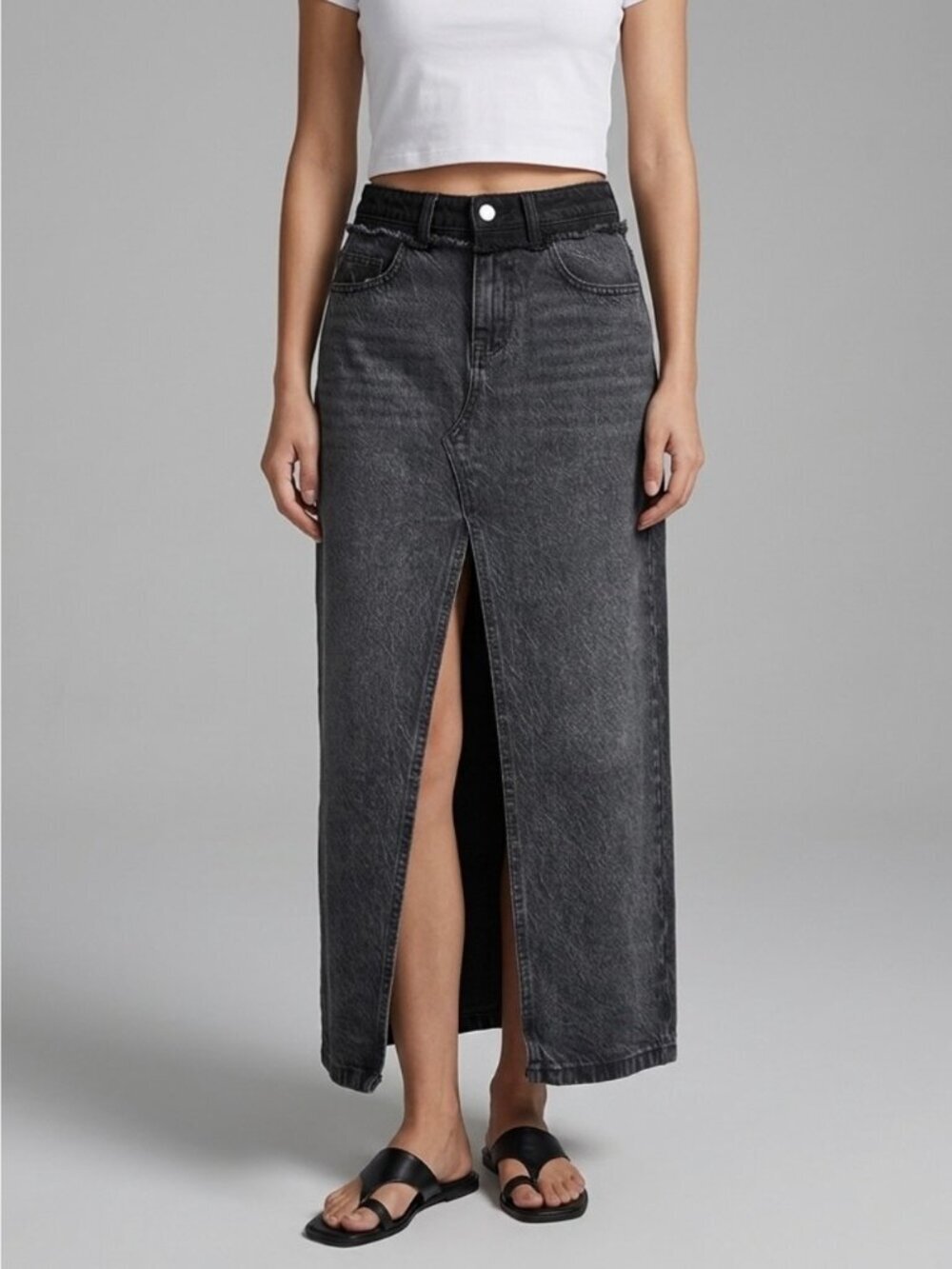 Abercrombie Fitch Front Slit Denim Midi Skirt Sz 24 Dark Wash Fairy Grunge